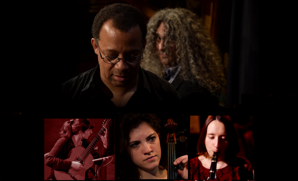 Photographie des artistes de la « Tribu d'Urbain » : Urbain Rinaldo (piano et voix), Irène Mugniaini (clarinette), Naïs Glasson (violoncelle), Dayana Matevosova (guitare), Gad Icham (djembé)