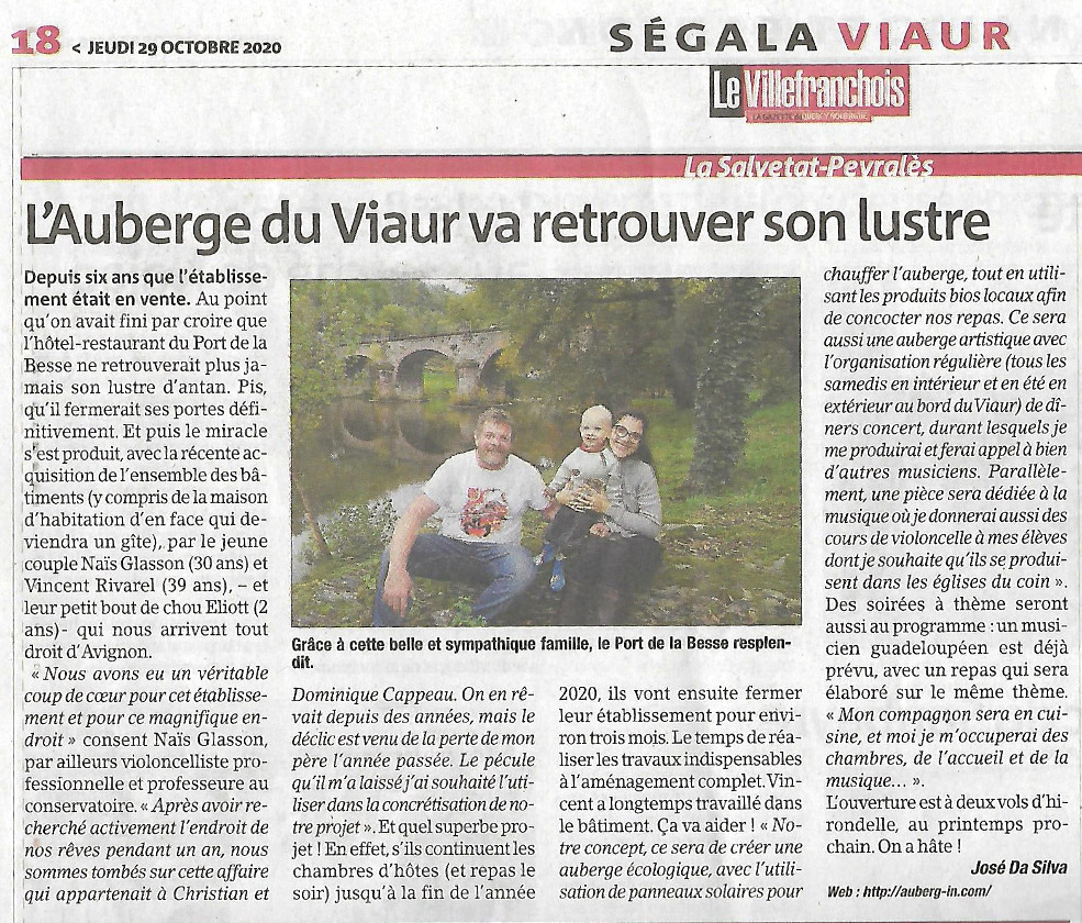 capture d'un article dans le journal hebdomadaire Le Villefranchois : « L'auberge du Viaur va retrouver son lustre »