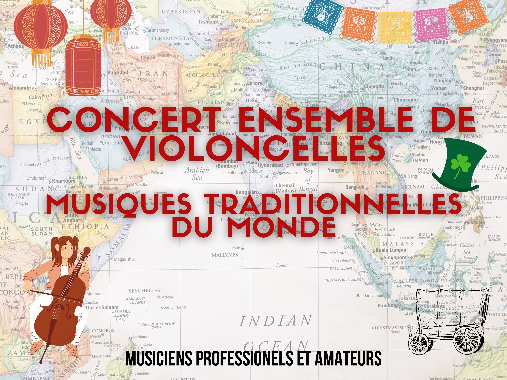 Affiche du concert du 30 août 2025 au Port de la Besse (Aveyron) : musiques traditionnelles du monde, par un ensemble de violoncelles