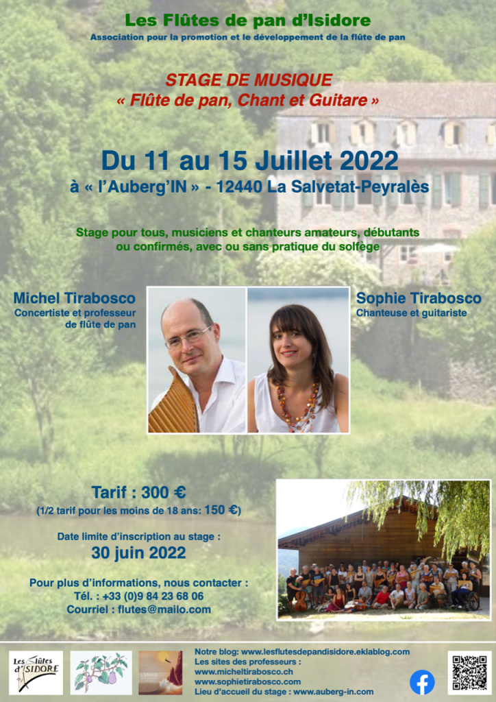 Affiche de présentation du stage de Flûte de pan, Guitare et Chant : professeurs Michel Tirabosco et Sophie Tirabosco ; du 11 au 15 juillet 2022.