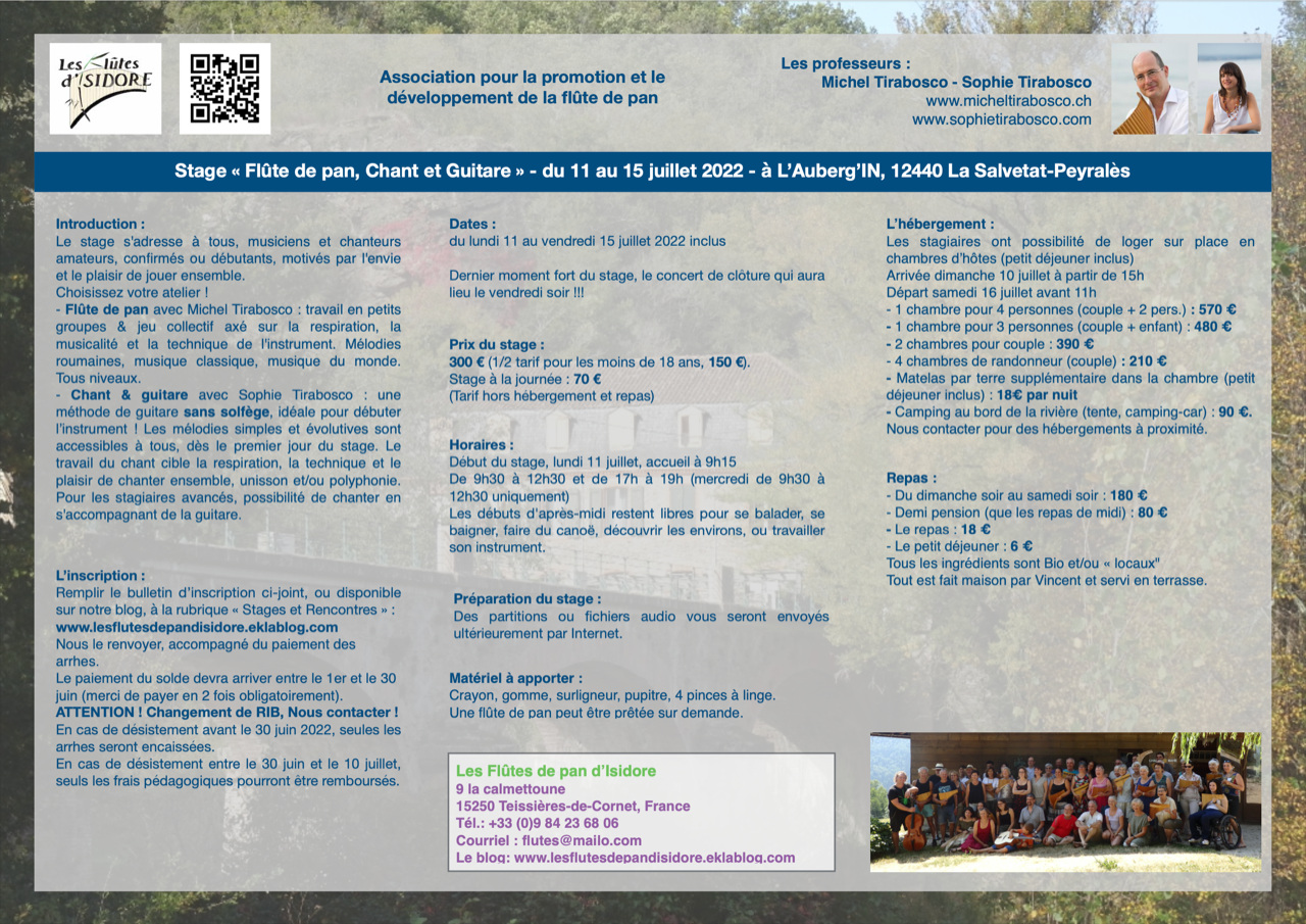 Informations détaillées : inscriptions, horaires, hébergement, repas, matériel, prix et contact